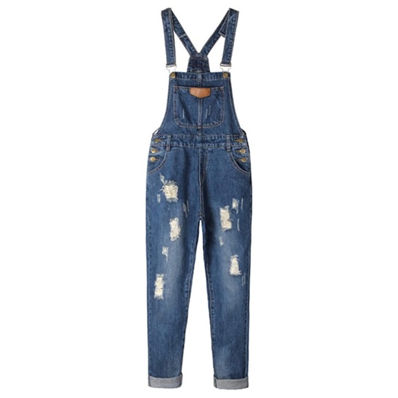 AvaCostume Women's Adjustable Strap Ripped Denim Overalls - Picture 1 of 7